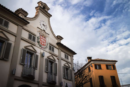 NEIVE, ITALY - MARCH 3, 2019: the town hall (comune in italian language) of Neive, Italy, one of the main villages of the Langhe hills, famous district of Barolo and Barbaresco wine, on march 3, 2019のeditorial素材