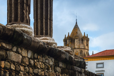The Roman Temple of Diana in Evora, main example of roman architecture in Portugal, with the...
