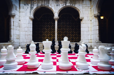 LISBON, PORTUGAL - FEBRUARY 2, 2019: Cloister of the Convento Madre de Deus, former convent of Lisbon, Portugal, on february 2, 2019, with a giant chessboard ready for a tournamentのeditorial素材