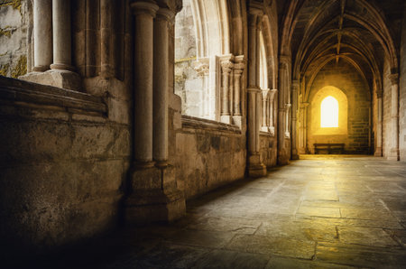 Detail of the medieval gothic cloisters of the cathedral of Evora, main city of the Alentejo region...