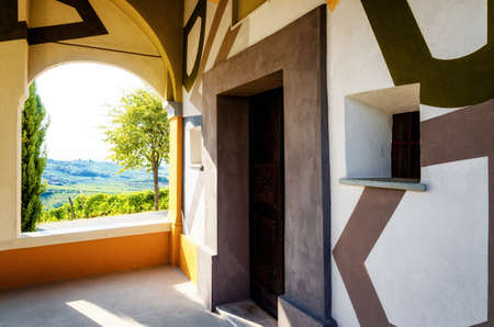 ALBA, ITALY - AUGUST 19, 2017 - The church of Maria del Carmine in Coazzolo, near Alba (Italy) on august 19, 2017. The colorful renovation was made by Sol Lewitt and David Tremlett.のeditorial素材