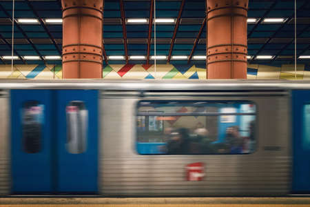 Lisbon, Portugal - February 2, 2019: Famous, beautiful and colorful platform of the Olaias metro subway station in Lisbon, Portugal, on february 2, 2019, with a train moving onのeditorial素材