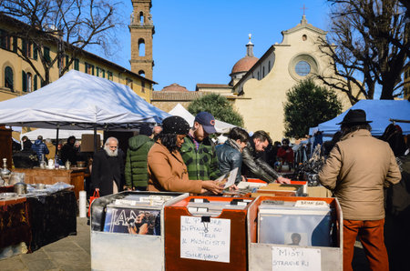 Florence, Italy - February 11, 2018: Traditional flea market in Santo Spirito square in Florence,...