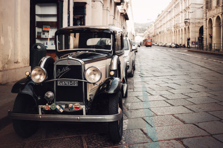 Turin, Italy - July 25, 2020: Classic Fiat Balilla, very old italian car from 1930 parked on July 25 2020 in the baroque streets of Turin (Italy), hometown of Fiat Automobile industryのeditorial素材