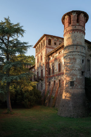Piovera, Italy - September 18, 2022 - External view of the ancient castle of Piovera, small village in the hills of Monferrato, near the city of Alessandria, Italy, on September 18 2022のeditorial素材