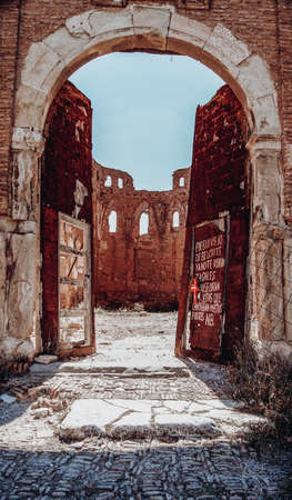 Entrance to the church of Sant Martin de Tours in Belchiteの写真素材