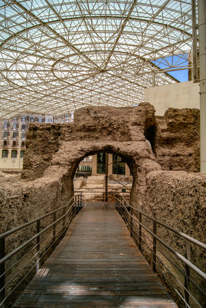 Entrance hallway to the stands of the Roman amphitheater in Zaragozaのeditorial素材