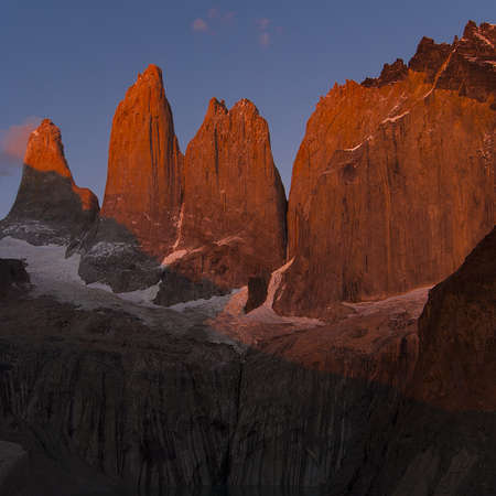 torres del paine towers at sunrise, torres del paine national park, chileの写真素材