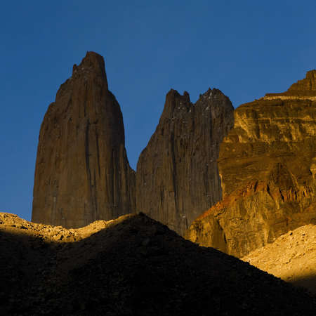 the Torres del Paine towers at sunrise, Torres del Paine national park, Chileの写真素材