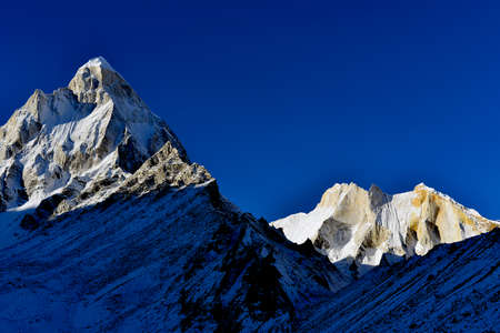 mount Shivling and Meru at sunrise in Garhwal Himalaya mountain range, Uttarakhand Uttaranchal, Indiaの写真素材
