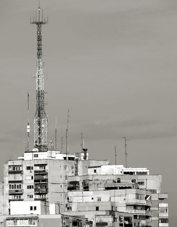 Cityscape with old apartment block from Bucharest, Romaniaの写真素材
