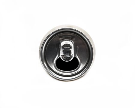 Top view of a opened beer can isolated on white background.の写真素材