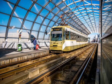 Bucharest/Romania â 02.26.2020: Tram, belonging to Bucharest Transport Society (STB). Tram taking people to their destinations.の写真素材
