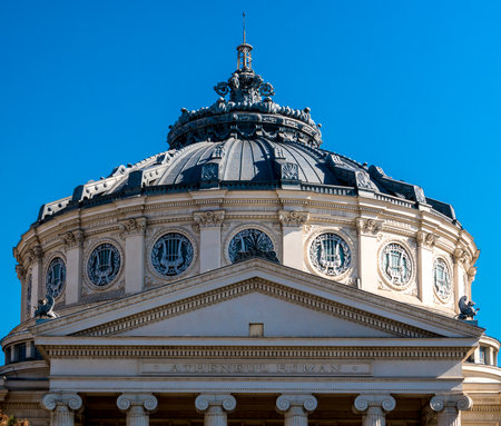 Bucharest/Romania - 02.05.2020: View of the Romanian Athenaeum( Ateneul Roman) a prestigious concert hall and one of the most beautiful buildings in the city. Detail.のeditorial素材