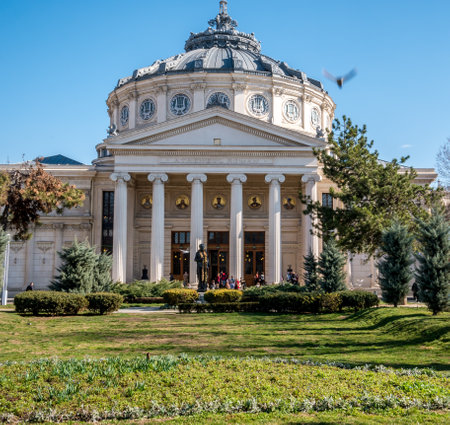 Bucharest/Romania - 02.05.2020: View of the Romanian Athenaeum( Ateneul Roman) a prestigious concert hall and one of the most beautiful buildings in the city. Detail.のeditorial素材