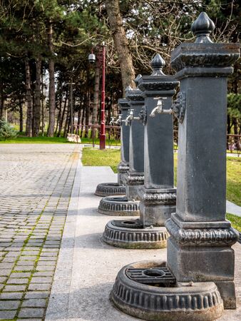 Aligned water taps in a park. Water taps shaped like a lion's head.の写真素材
