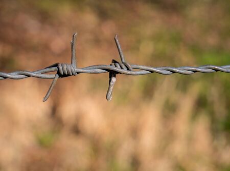 Close up with barbed wire fence. Barbed wire with blurred background.の写真素材