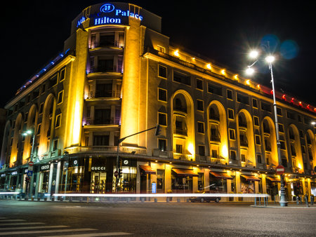 Bucharest/Romania â 03.21.2020: Palace Hilton Bucharest at night. Important hotel in the center of Bucharest.のeditorial素材