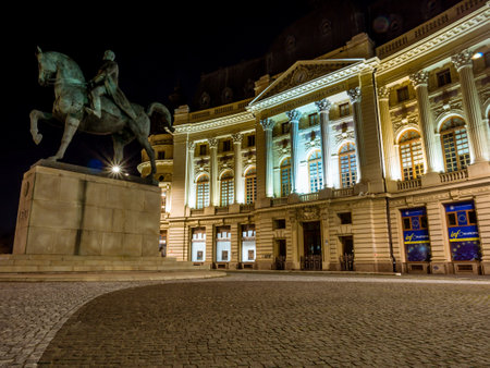 Bucharest/Romania â 03.21.2020: Carol I University foundation and Central University Library of Bucharest. An emblematic bulding in Bucharest at night..のeditorial素材
