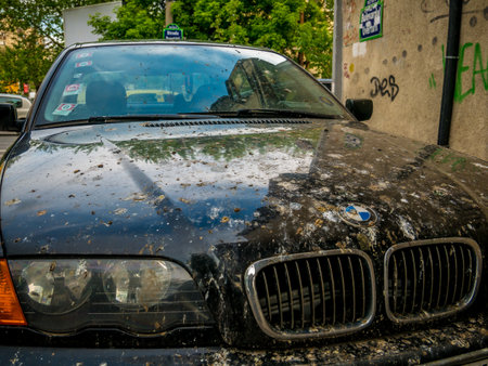 Bucharest/Romania - 05.01.2020: A BMW car illegaly parked on a sidewalk covered with bird droppingsのeditorial素材
