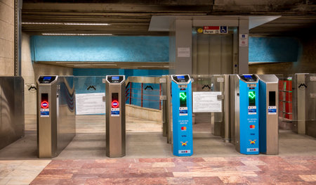 Bucharest/Romania - 05.07.2020: Acces to Piata Romana metro station in Bucharest.. Tourniquets access control systemwith VISA logo at a subway entranceのeditorial素材