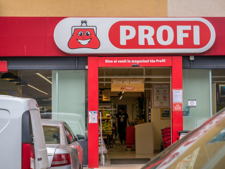 Bucharest/Romania - 05.07.2020: Logo at the entrance of a Profi supermarket, an important retailer in Romaniaのeditorial素材