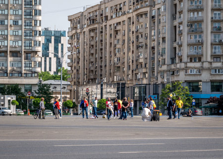 Bucharest/Romania - 05.17.2020: People in front of the romanian government ( Victory Square)protesting against the measures taken by the authorities regarding coronavirus situation.のeditorial素材