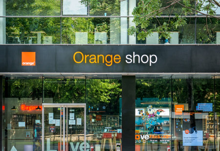 Bucharest/Romania - 05.16.2020: Orange shop store in the center of Bucharest on Victory street (Calea Victoriei). One of the largest telecommunication company.のeditorial素材