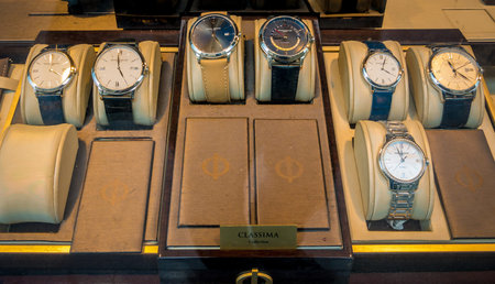 Bucharest/Romania - 05.16.2020: Baume & Mercier wristwatches for men displayed in a window of a...