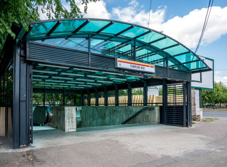 Entrance to Timpuri Noi metro station in Bucharest, Romaniaのeditorial素材
