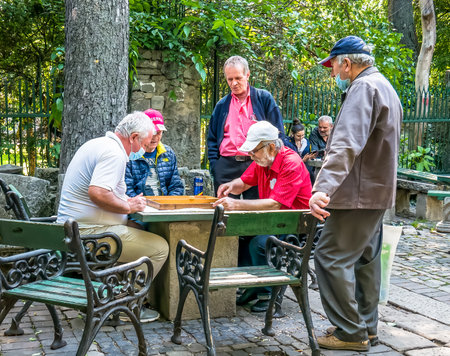 Bucharest/Romania - 05.30.2020: Seniors playing backgammon in the Cismigiu park, in Bucharest. Old men playing board games in the park.のeditorial素材