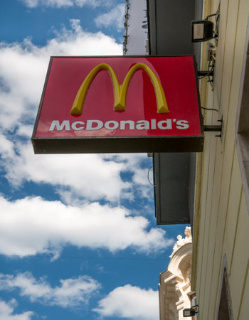 Bucharest/Romania - 05.30.2020: Sign of a McDonald's restaurant in the center of Bucharest.のeditorial素材