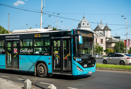 Bucharest/Romania - 05.30.2020: Bus No.137 belonging to Bucharest Transit Corporation( Societatea de Transport BucureÈti -STB) in traffic.のeditorial素材