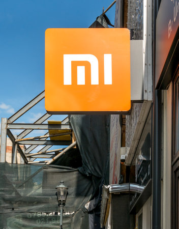 Bucharest/Romania - 05.30.2020: Xiaomi logo in front of their showroom in Bucharest old town.のeditorial素材
