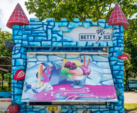 Bucharest/Romania - 06.03.2020: Ice cream stand or shop in the shape of a fairytale house in Children's World Park.のeditorial素材