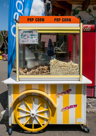 Bucharest/Romania - 05.30.2020: Mobile street food pop corn cart in a park, in Bucharest.のeditorial素材
