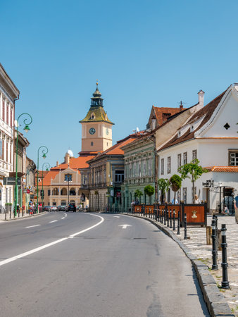 Brasov/Romania - 06.28.2020: Brasov city hall clock tower located in the old town Council Square.のeditorial素材