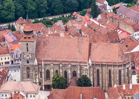 Brasov/Romania - 06.28.2020: Aerial view with The black church (Biserica Neagra) located in the center of Brasov. Famous tourist attraction.のeditorial素材