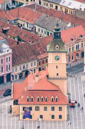 Brasov/Romania - 06.28.2020: Aerial view of the city hall building located in the old town Council Square of Brasov..のeditorial素材