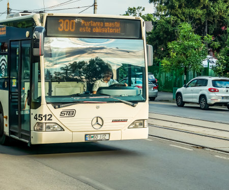 Bucharest/Romania - 06.15.2020: Bus No.300 belonging to Bucharest Transit Corporation( Societatea de Transport BucureÈti -STB) in traffic.のeditorial素材