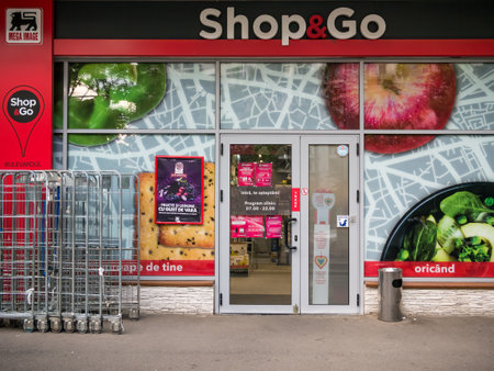 Bucharest/Romania - 07.15.2020: Shop&go store on the ground floor of a apartment building. Store belonging to Mega Image (Delhaize group).のeditorial素材