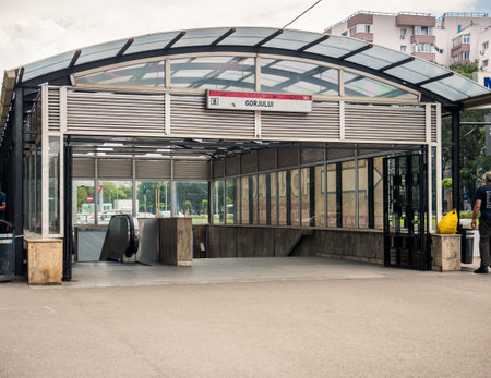 Bucharest/Romania - 07.18.2020: Entrance to Gorjului metro station in Bucharest, Romania.のeditorial素材