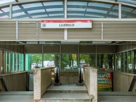 Bucharest/Romania - 07.18.2020: Entrance to Lujerului metro station in Bucharest, Romania.のeditorial素材