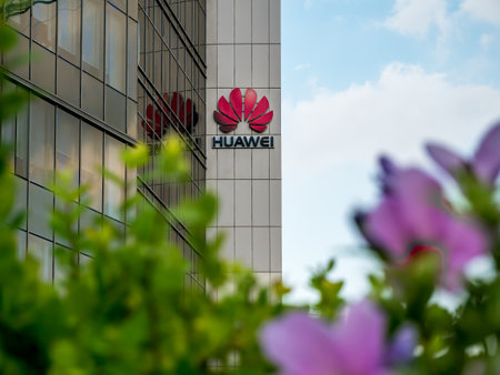 Bucharest/Romania - 07.18.2020: Huawei company logo on an office building in Bucharest. Huawei offices in Romania.のeditorial素材