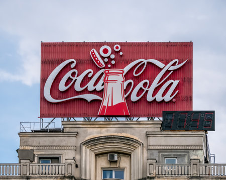 Bucharest/Romania - 07.25.2020: Coca Cola logo on top of an old building in the center of Bucharestのeditorial素材