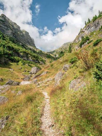 Scenic ladscape with Deer Valley (Valea Cerbului) on the way to Omu peak, the highest peak in Bucegi Mountains, Romania.の写真素材