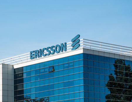 Bucharest/Romania - 08.18.2020: Ericsson logo on a office building in Bucharest. Ericsson is a...