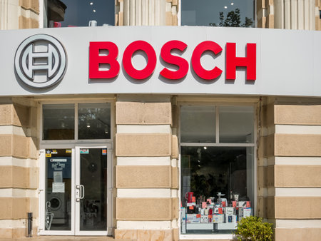 Bucharest/Romania - 07.15.2020: Bosch sign and logo at the entrance of the store in Bucharest.のeditorial素材