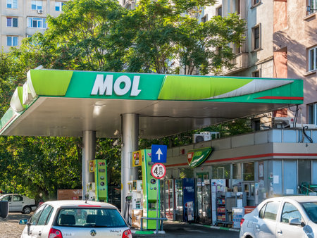 Bucharest/Romania - 09.27.2020: Mol fuel station in Bucharest. MOL group international oil and gas company logoのeditorial素材