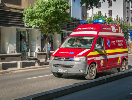 Bucharest/Romania - 09.27.2020: SMURD ambulance in traffic. SMURD is an emergency rescue service based in Romaniaのeditorial素材